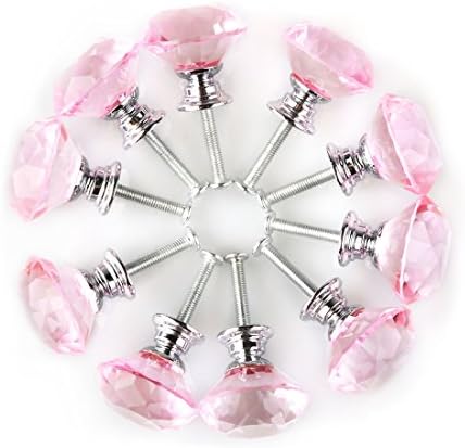 uxcell Diamond Shape Crystal Glass 30mm Kitchen Cabinet Door Drawer Knob Cupboard Dresser Wardrobe Pull Handle with Screws, 10pcs Pink