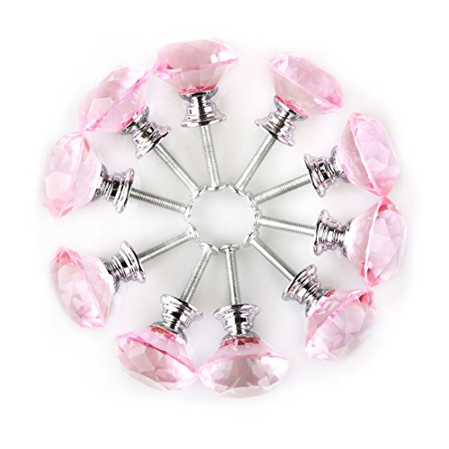 Uxcell Diamond Shape Crystal Glass 30Mm Kitchen Cabinet Door Drawer Knob Cupboard Dresser Wardrobe Pull Handle With Screws, 10Pcs Pink #TOP3