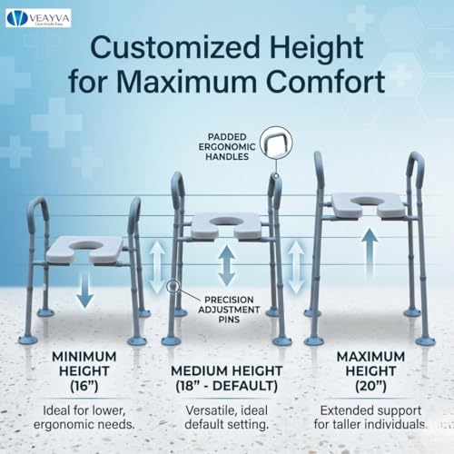 Image of VEAYVA SafeSeat 3-in-1 Raised Toilet Seat, Portable Commode Chair & Toilet Safety Rails for Elderly and Disabled | Height Adjustable, Soft Cushioned Seat, Suction Vacuum Legs, Heavy Duty Bathroom Safety Aid