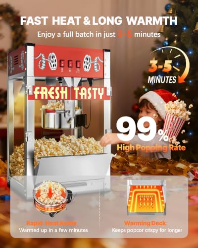 Image of 32 Oz Commercial Popcorn Machine, Large Popcorn Maker Machine, Movie Theater Countertop Pop Corn Machine with 3-Switch Control & Tempered Glass Doors, Red
