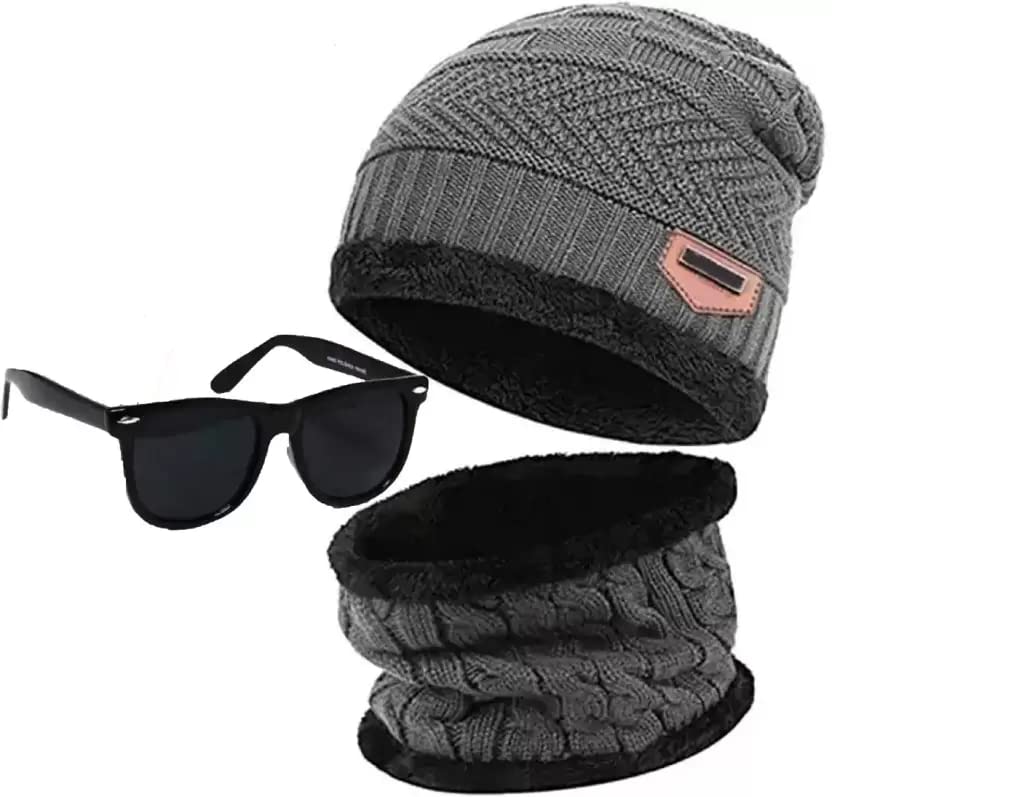 fy lane Winter Knit Beanie Cap Hat Neck Warmer Scarf and Wayfarer Sunglasses Set Skull Cap for Men Women/Winter Cap for Men (3 Piece)-picture-30