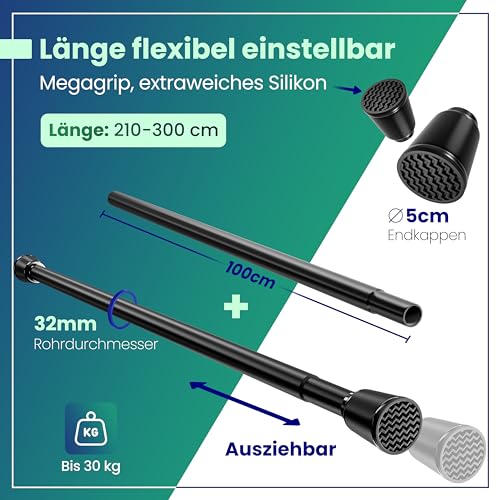 Gardinenstange ohne bohren [schwarz, 210-300cm] – Ø 32mm – Teleskopstange Vorhang ausziehbar – Duschstange ohne bohren – Vorhangstange, Duschvorhangstange, Kleiderstange, Klemmstange Katzennetz