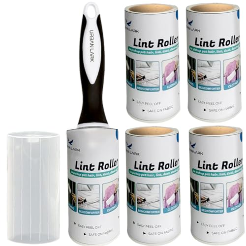 Urban Lark Extra Sticky Lint Rollers - 450 Sheets Defluffer for Clothes - Pack of 5 Lint Removers for Fur & Dust - Sticky Fluff Remover for Clothes & Carpets - 5 Lint Roller Refills with Bonus Cover