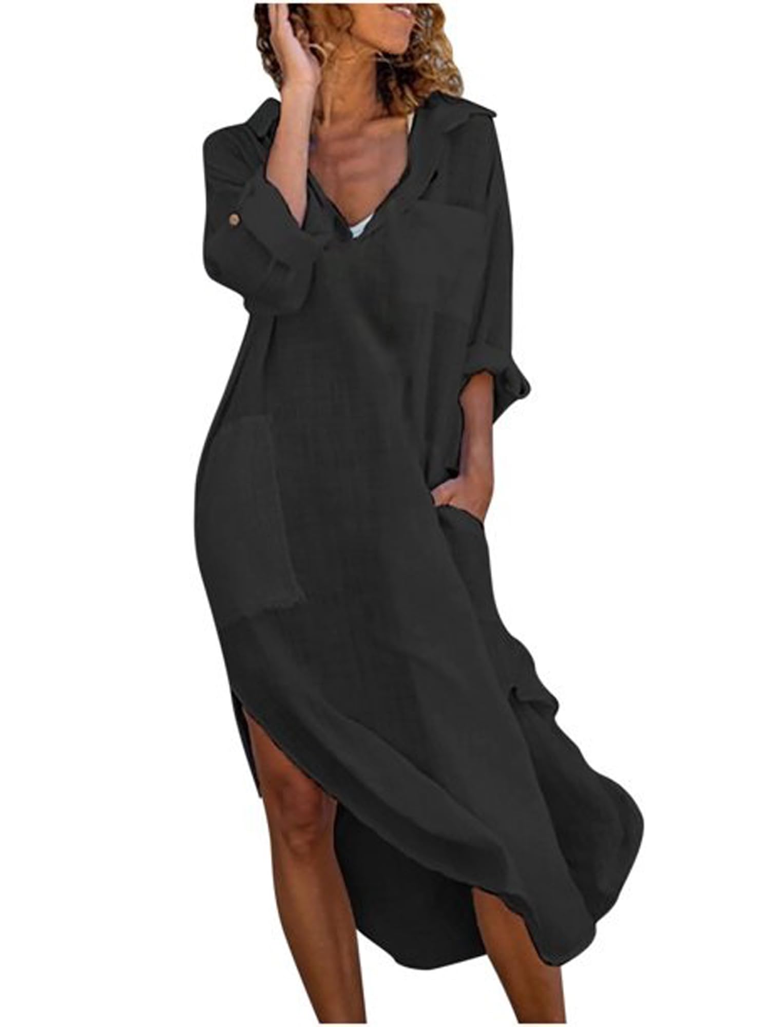 Acrawnni Women's Summer Loose Maxi Dress Solid Color 3/4 Sleeves Round-Neck Tie Front Long Tunic Dress Casual Boho Sundress (B-Black, 2XL)