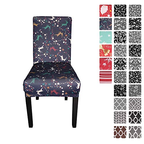 Trimming Shop Christmas Stretch Dining Chair Covers Elasticated Removable Protective Slipcover, Reindeer & Snowflakes Printed for Dining, Wedding, Banquet Chairs, Navy Blue, 6pcs