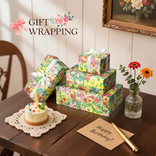 Image of Simetufy Vintage Floral Tissue Paper for Gift Bags, 60 Sheets 14 x 20 Inches Decorative Flower Tissue Paper, Oil Painting Wildflower Greenery Botanical Printed for Wedding Birthday Gift Wrapping