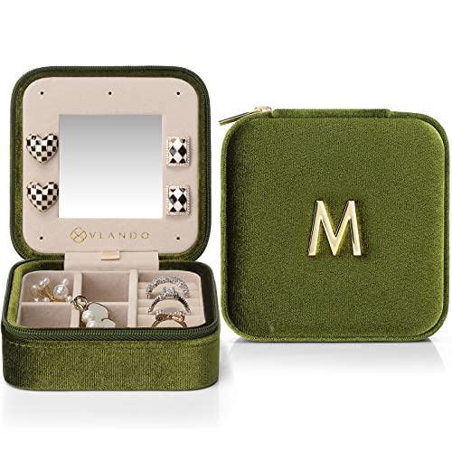 Vlando Plush Velvet Travel Jewelry Case, Personalized Initial Jewelry Boxes for Women Girls, Mini Jewelry Travel Organizer Travel Essentials for Birthday Gifts - Letter J, Green Green J