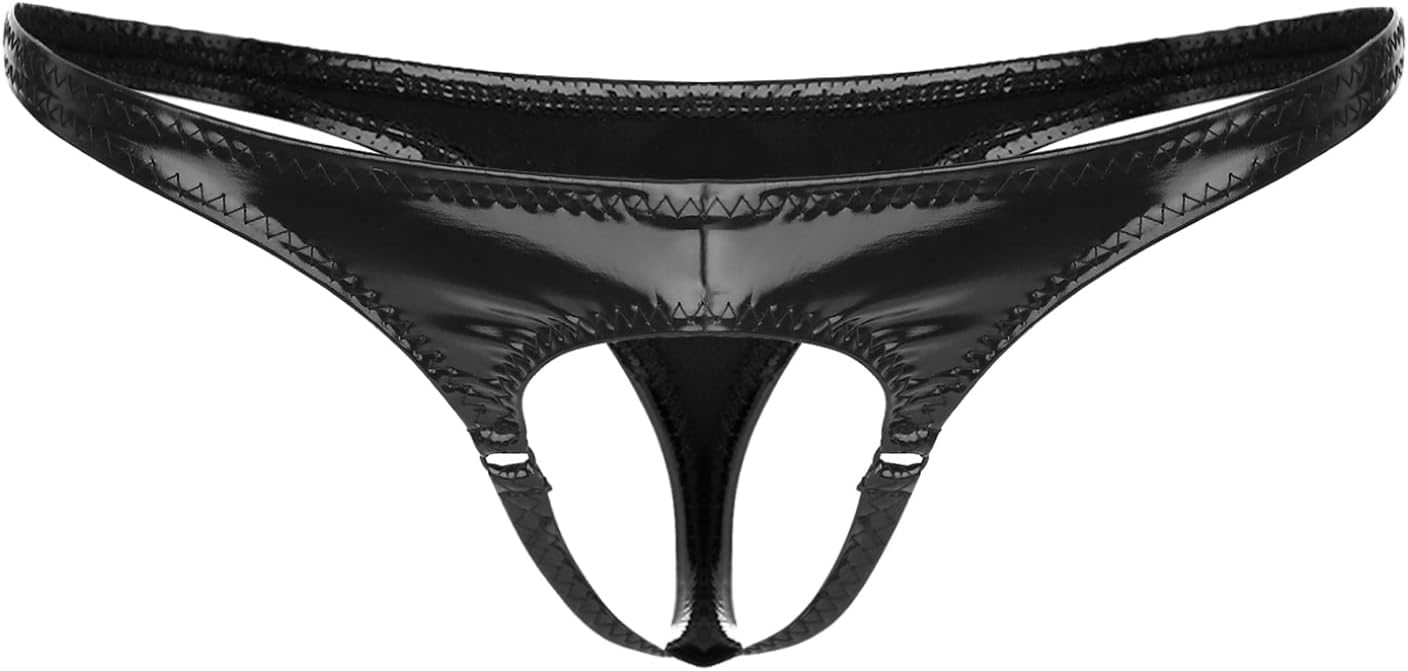 Hularka Men's Wet Look Faux Leather Thongs Underwear Cutout Front Low Rise T-back G-strings