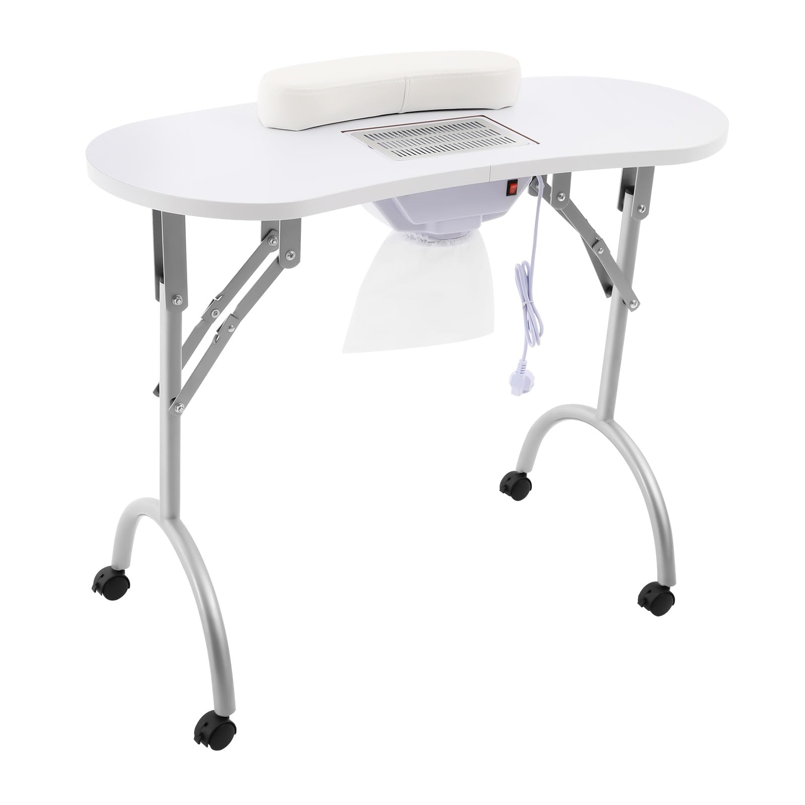 Tavolo pieghevole per manicure con aspirazione, tavolo per manicure portatile con ruote, colore bianco