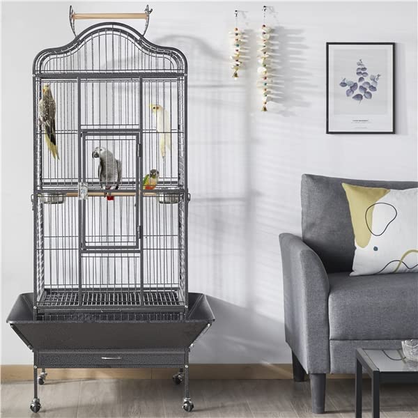 Abician Grande Cage Oiseaux pour Perroquet Grande Cage à Oiseaux exquise avec Toit Ouvrable 81 x 77 x 154 cm Noir