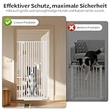 Katzengitter Tür, Schutztor Ausziehbar Haustiere Katzentiertor 150cm Haustiergitter Extra Hoch mit Doppelverriegelung Katzentür&3.5cm Stababstand Ohne Bohren für Haustier Kleinen (weiß)