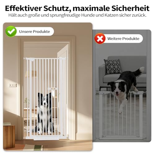 Katzengitter Tür, Schutztor Ausziehbar Haustiere Katzentiertor 150cm Haustiergitter Extra Hoch mit Doppelverriegelung Katzentür&3.5cm Stababstand Ohne Bohren für Haustier Kleinen (weiß)