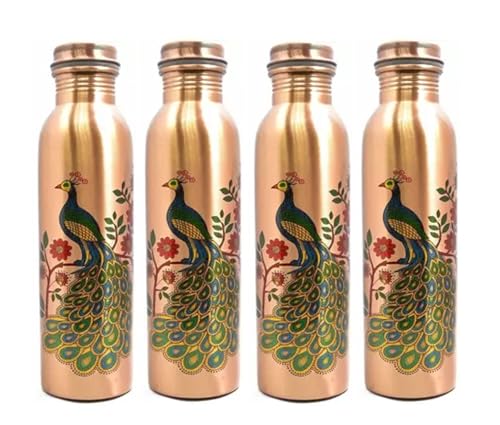 Image of Pure Copper Water bottle | 100% Pure Copper Water Bottle I Leak Proof & Rust Proof I Copper Bottle for Home, School & Office | Matte Finish (Peacock, 4, Piece)
