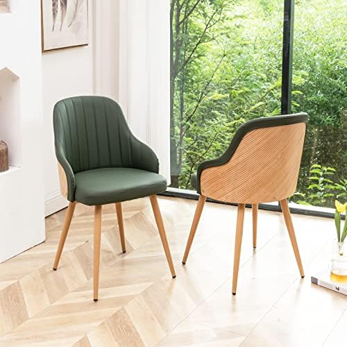 YOUUGIOR Modern Dining Room Chairs, Mid Century Leather Upholstered Accent Arm Chairs,Leisure Side Chairs with Metal Legs and Bamboo Back for Kitchen Room,Dining Room,Set of 2,Green.