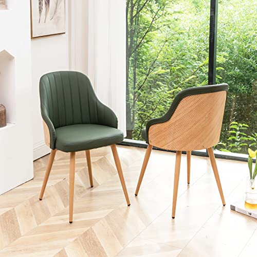 Youugior Modern Dining Room Chairs, Mid Century Leather Upholstered Accent Arm Chairs,Leisure Side Chairs With Metal Legs And Bamboo Back For Kitchen Room,Dining Room,Set Of 2,Green. #TOP8