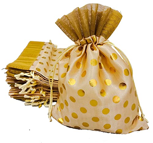 Image of 3A Featuretail 13CM X 18CM Small Drawstring Bags Pouches Potli for Gift Wedding Jewelry Packaging Bridal Party Favors for Women (25 pc Pack, Cream Color Golden Polka Dot)