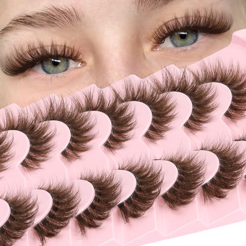 Losha Brown Lashes Volume False Eyelashes Fluffy Cat Eye Lashes 7 Pairs Crisscross Lashes Strips with Clear Band 8-18mm Thick Fake Eyelashes (FC03 Brown)