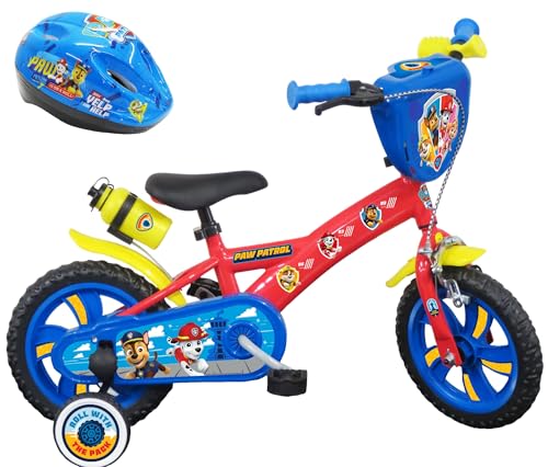 Vélo 12'' Pat Patrouille équipé de 1 Frein, Plaque Avant décorative, Garde boues, Carter, stabilisateurs + Casque de la Pat Patrouille Orange ou Bleu