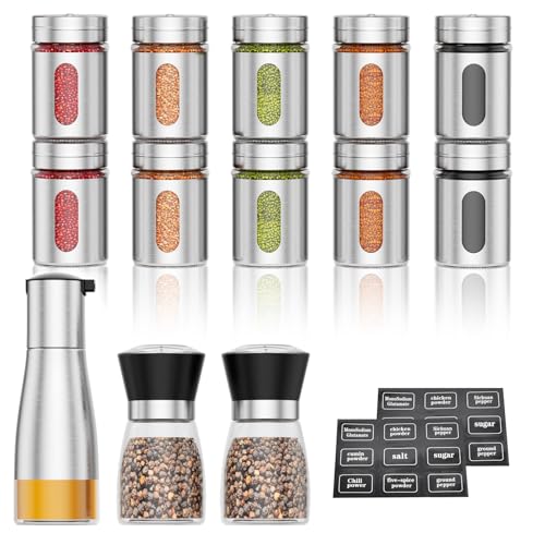 Recopilación de Soportes para botes de especias . 50 HOGESA 15 PCS Especieros para Cocina, Vidrio y Acero Inoxidable, Kit de Frascos para Especias, 10 Recipientes para Especias de Vidrio, 2 Molinillo Manual, 2 Etiqueta, 1 Aceitera,...