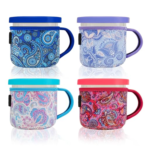 KJQJLY 4 Pack Reusable Ice Cream Neoprene Sleeves with Handle,Neoprene Insulated Sleeves for Ninja Creami Pints,16oz Insulated Sleeves for NC301 NC300 NC299AMZ Series (16oz,Paisley)