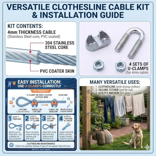 Image of 10 Meters Heavy Duty 4mm PVC Coated Steel Clothesline Wire Ideal for Home Use, Adjustable U-Clamps, Rustproof Anti-Sag, with Carabiner Hooks (Wall Hooks Not Included)