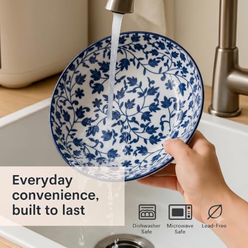 Image of Ceramic Pasta Plate, Blue & White Floral Printed Ceramic Dinner Plates | 4 cm Deep Rimmed Plates for Meals, Snacks & Desserts | Microwave & Dishwasher Safe (Blue Floral Vine Pattern, PACK OF 2)