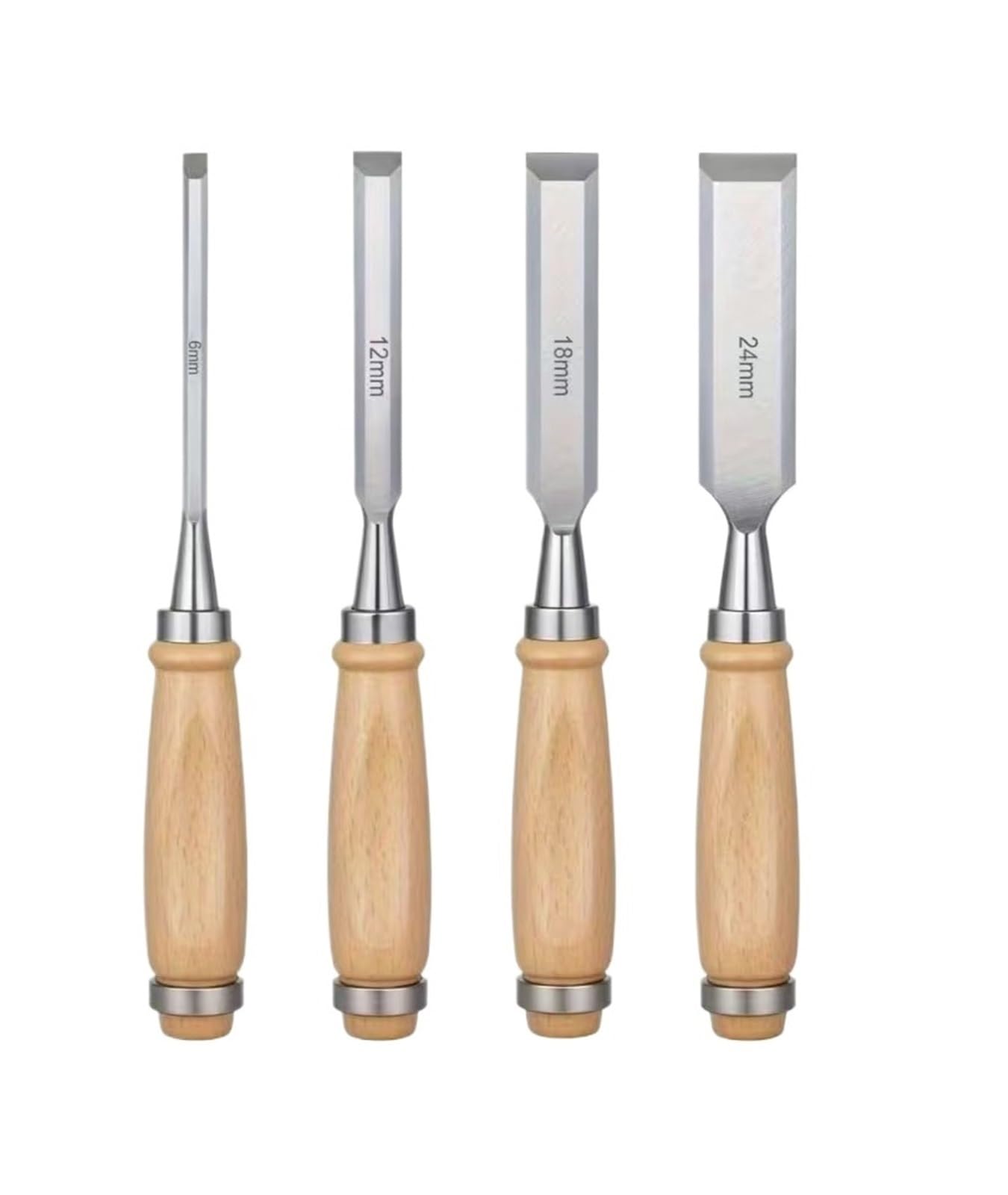 Set Di 4 Scalpelli for La Lavorazione Del Legno, Lame Smussate Da 6/12/18/24 Mm, Acciaio Al Cromo Vanadio, Manico In Massiccio