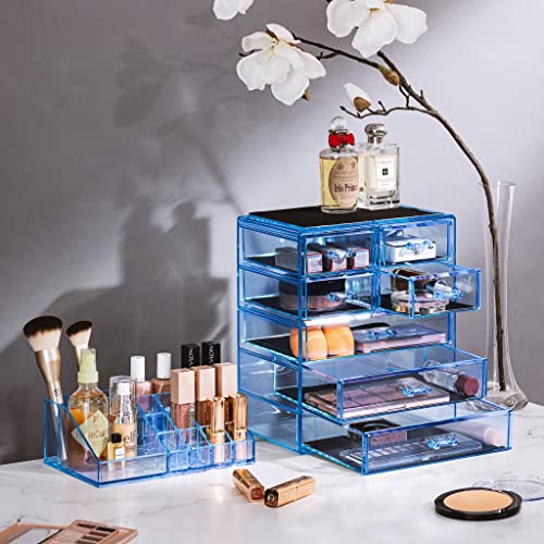 Image of Sorbus Acrylic Makeup Organizer Set, 7-Drawer Vanity & Countertop Cosmetic Storage with Small & Wide Compartments, Blue Brilliance Makeup Storage for Brushes, Jewelry - Holiday Gift for Women & Teens