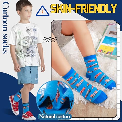 Welwoos Baby Boys Grips Socks Kids Toddlers Infants Non Slip Anti Skid Funny Animal Cartoon Gift Cotton Truck Socks with Grippers 12 Pairs Stocking Stuffers (Cars,5-8 Y)