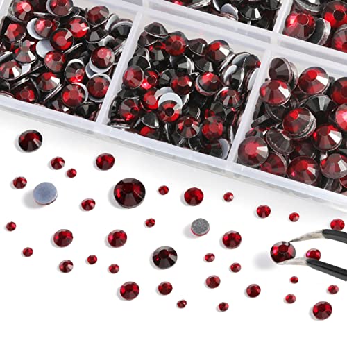 Image of 6736pcs Hotfix Rhinestones Flatback,Dark Red Rhinestones for Crafts Clothes Mixed 5 Sizes, Hotfix Crystals with Tweezers and Wax Pencil Kit, SS6-SS30,Dark Siam
