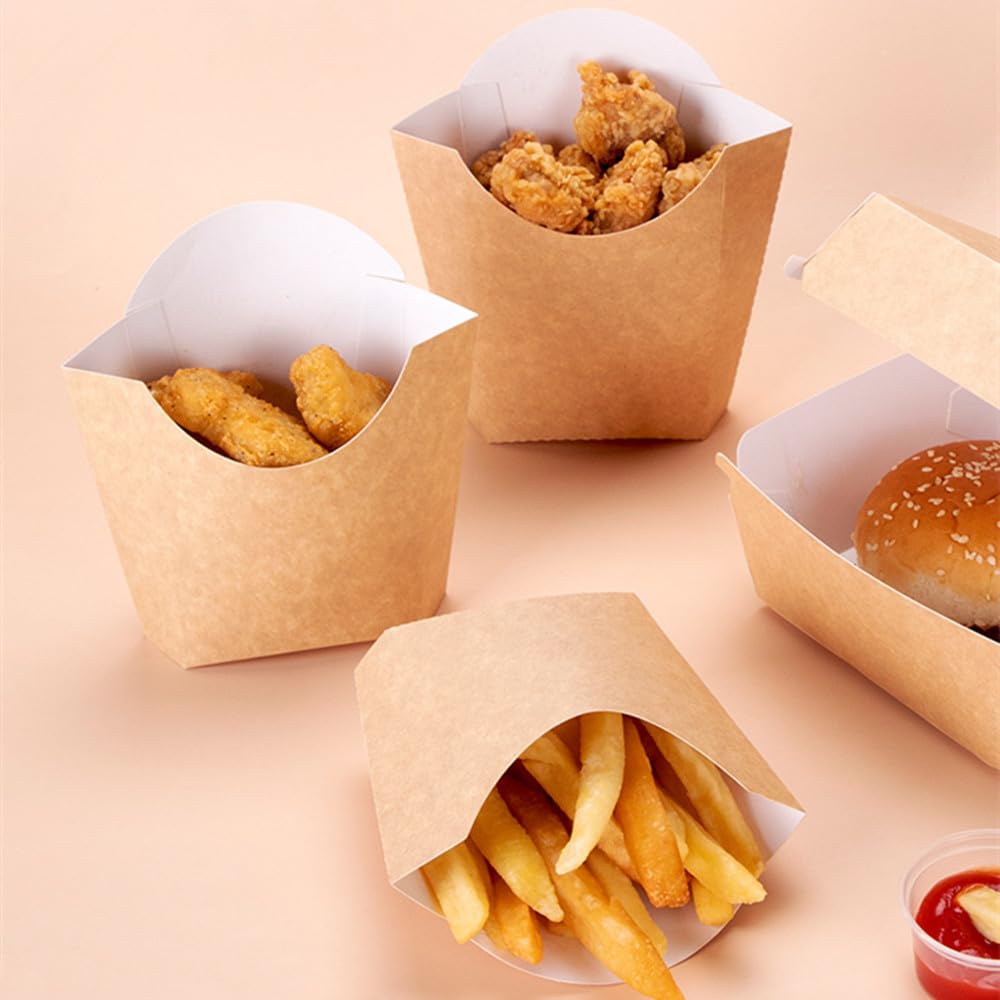 XZJMY 60 sztuk pojemników na frytki 140 ml, jednorazowe tekturalne pojemniki na frytki, małe pudełka na wynos z papieru typu kraft, na ślub, urodziny, karnawał, imprezę, brązowe, 60 szt
