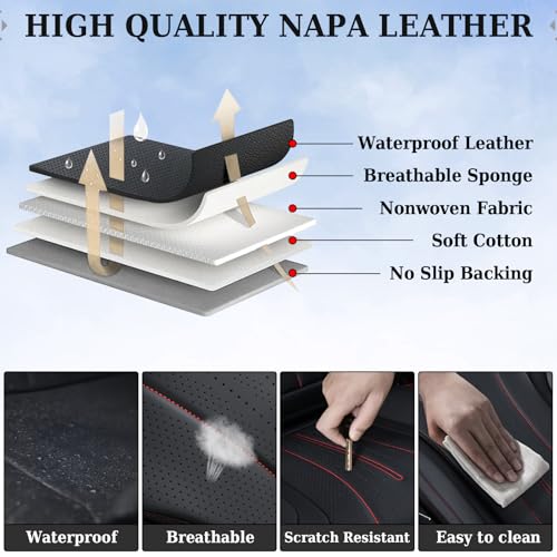Image of Coverado Car Seat Covers Full Set, Leather Seat Covers for Car, Waterproof Seat Covers, Automotive Seat Cushions, Breathable Car Seat Protector Universal for Most Sedans, Trucks, SUV (Black &Red Line)
