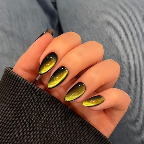 KQueenest Gold Cat Eye Press on Nails Almond Shape, 30 Pcs Glitter Fake Nails Medium, Sparkly Black Nails Press on, Shiny Acrylic Nails Glue on, Cute Bling Stick on Nails for Women Fall Winter