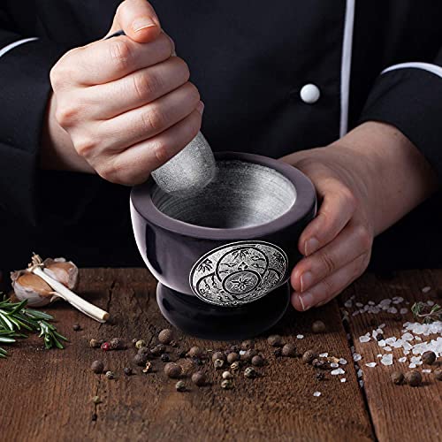 Divit Shilp Mortar And Pestle, Made Of Heavy Duty Polished Hard Stone, Natural Stone Grinder For Spices, Pastes, Herbs, Seasoning Etc. (Black With Engraving) #TOP5