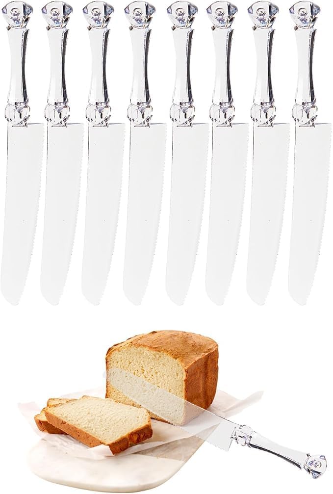 PARTY BARGAINS 8 Pack Clear Disposable Plastic Bread Knives – Heavy Duty Serrated Knives for Crusty Bread, Baguettes & Bagels – Parties, Catering & Events