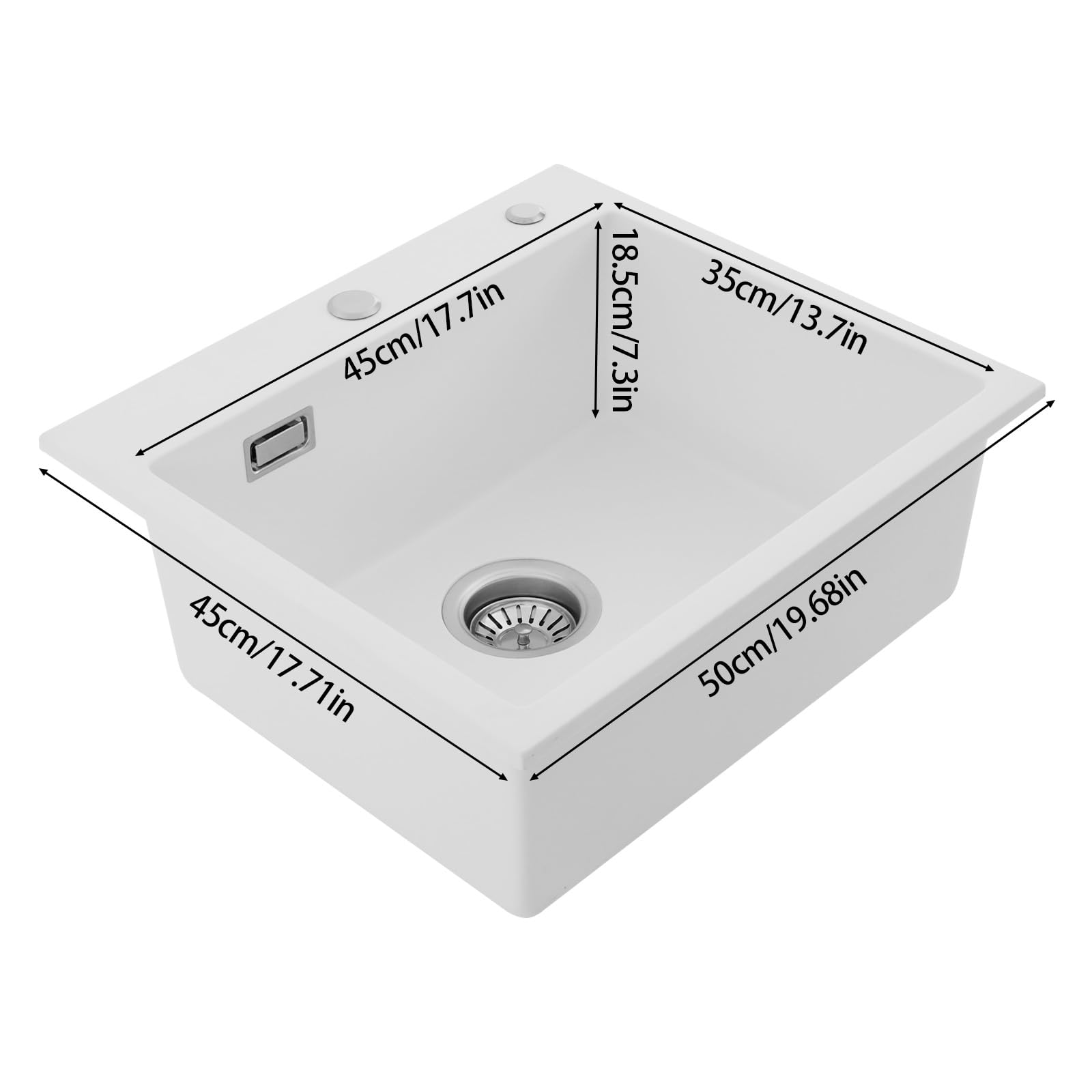 Fregadero, fregadero de 50 x 45 cm con tubo de drenaje y escurridor, fregadero empotrable, fregadero de cocina de cuarzo, para cocinas, baños, restaurantes (Blanco)