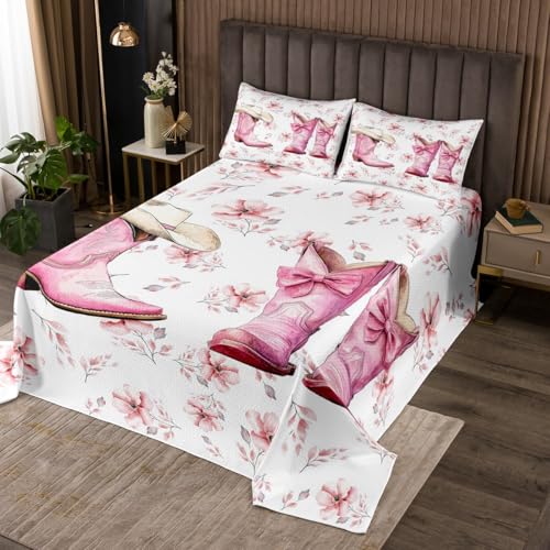 Erosebridal Pink Western Queen Quilt,Cowgirl Boot Hat Bedding Set for Girls Kids Teen,Pink Bow Bowknot Quilts Bed Set,Rustic Country Farm Floral Bedspread Bedroom Decor with 2 Pillowshams