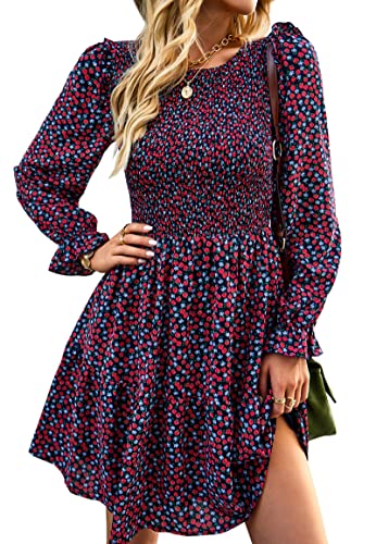 Image of KIRUNDO Long Sleeve Dress for Women 2025 Summer Fall Wedding Guest Smocked Floral Crewneck Ruffle A Line Flowy Mini Dress