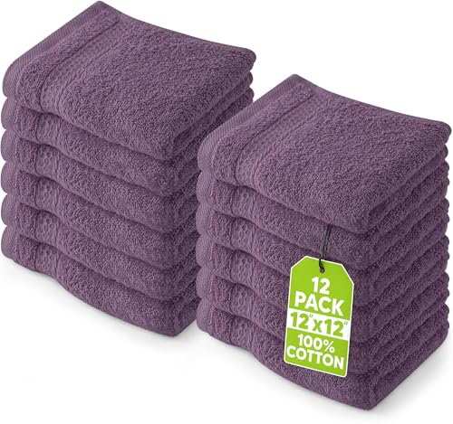 Image of Utopia Towels 12 Pack Premium Wash Cloths Set, 12 by 12 Inches, 100% Cotton Ring Spun, Highly Absorbent and Soft Feel Essential Washcloths for Bathroom, Spa, Gym, and Face, Plum