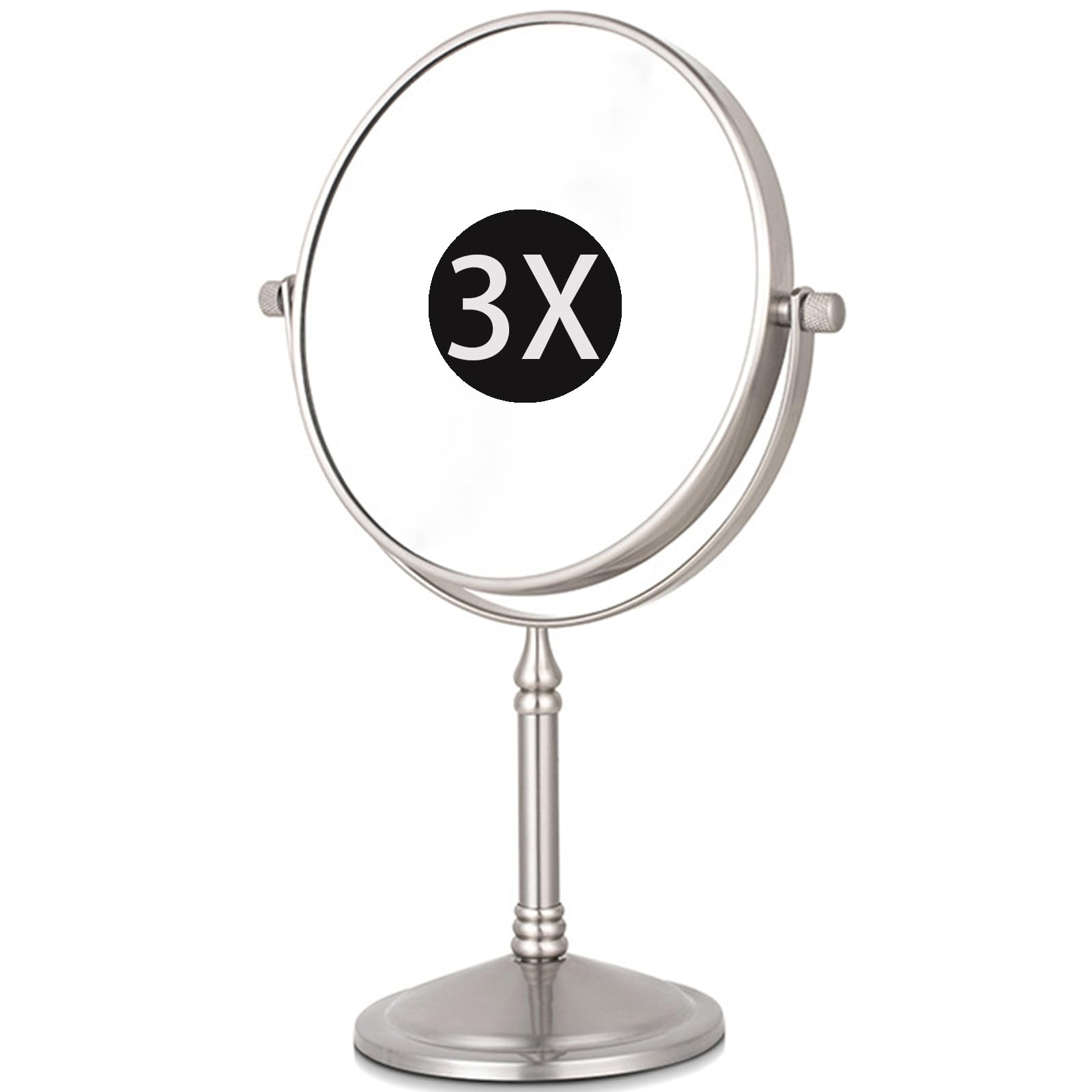 SXFSDOU 8" Standing Magnifying Makeup Mirrors, 360° Swivel Desktop Double Sided Vanity Mirrors with Stand for Bathroom,Brushed nickel,3X