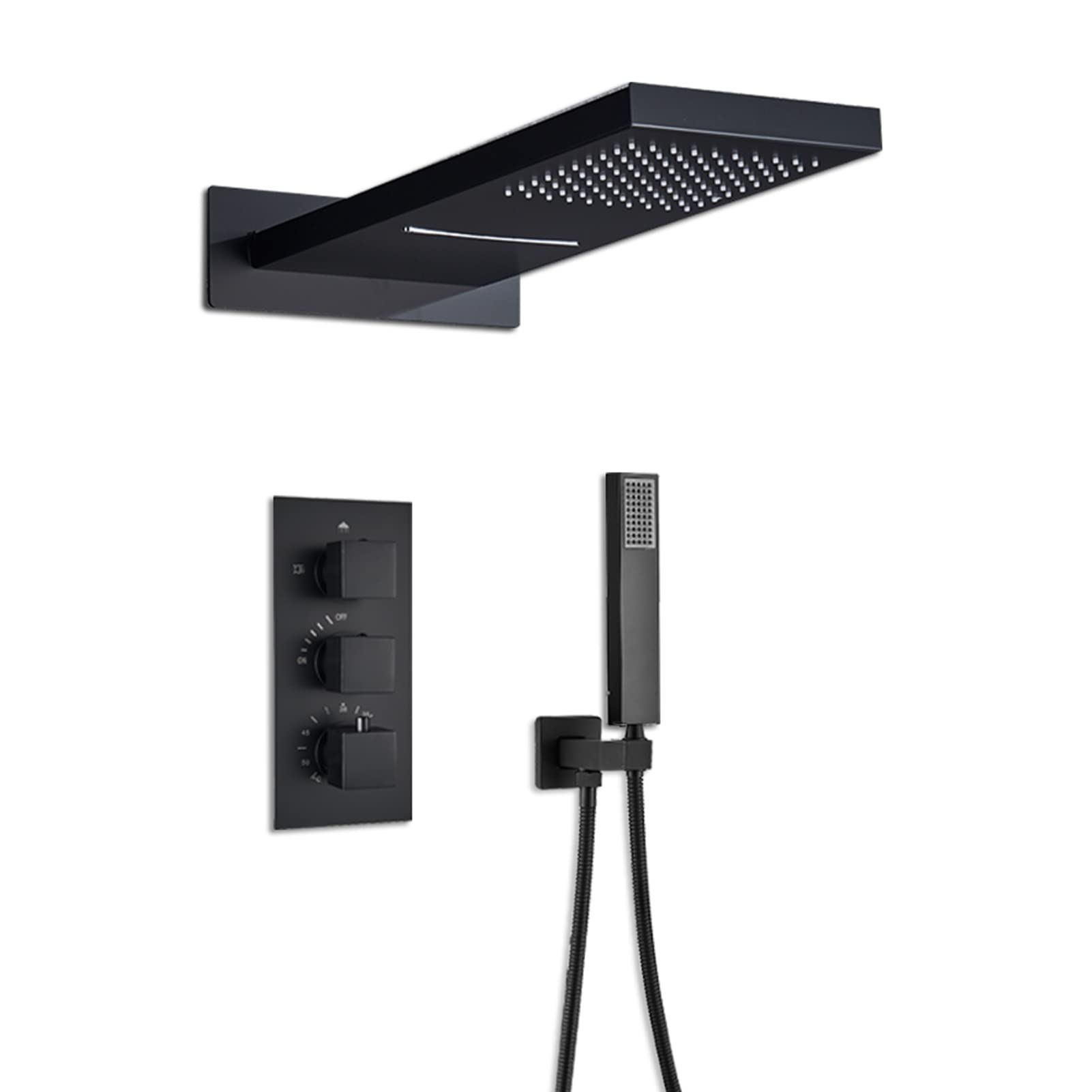 Système de douche thermostatique noir double fonction jet pluie et douchette à main ergonomique