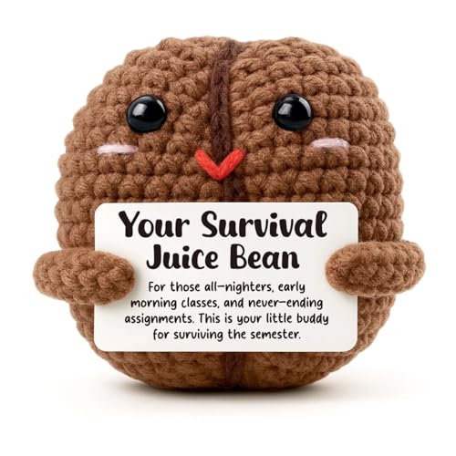 Heartfelt Gifting Funny College Student Gift for Men Women, Survival Juice Keepsake for Finals Week, All-Nighter Essentials Dorm Room Decor, Handmade Crochet Coffee Bean for Law Medical Student