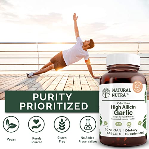 Natural Nutra High Allicin Garlic Supplement, Supports Immune System, Improve Enzymes Health, Better Digestion, Vanilla Coating, 500Mg, 60 Vegan Tablets #TOP4