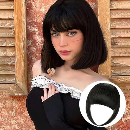 Fanguilar Clip in Bangs, Natural Black Fake Bangs Hair Clip French Bangs Hair Clip on Bangs For Women Clip Faux Bangs Fringe With Temples Hairpieces Curved Fake Bangs For Daily Wear