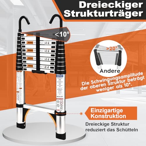 HBTower 3,2m Teleskopleiter Aluminium mit Haken, Leichte Ausziehleiter, Leiter Ausziehbar, klappbare Leiter für Dachböden, Caravans, 150kg Tragfähigkeit, Silber