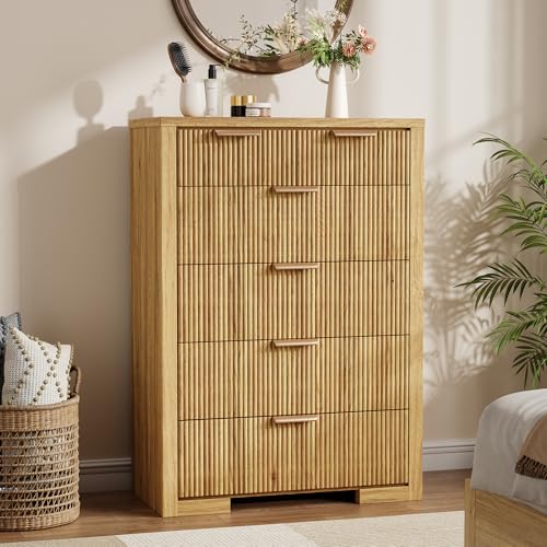 Image of Fluted 45'' Tall Kitchen Pantry Cabinet, Modern Food Storage Organizer with Metal Handle, Wood Coffee Bar Cabinet for Dining Room, Light Wood