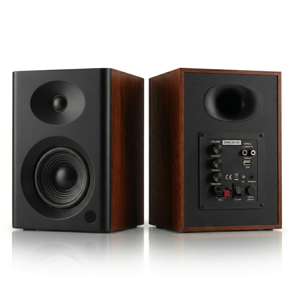 80W Bluetooth Bookshelf Speakers - 4 inches Computer Speaker with Bass, HiFi Desktop Audio for PC, TV, Gaming & Vinyl Records (Walnut Pair)-image-47