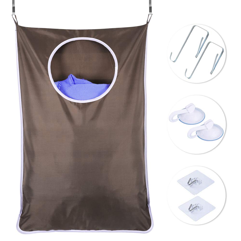 Numola Door Hanging Laundry Hamper Bag, Space Saving Wall Hanging Laundry Basket Laundry Bag with 2 PCs Door Hooks and 2 PCs Suction Hooks, Large Size Laundry Nook for Home or College(Brown)