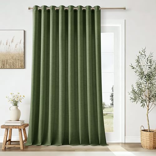 Image of Extra Wide 100 Inch Olive Green Linen Curtains 90 Inch Length | Room Divider, Patio Sliding Door Curtains, for Living Room, Large Window Curtains, Grommet, Privacy, 1 Panel, 90 Inches Long
