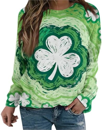 St Patricks Day Shirt Women Funny Shamrock Tie Dye Saint Paddys Sweatshirt Oversized Crewneck Long Sleeve Shirts